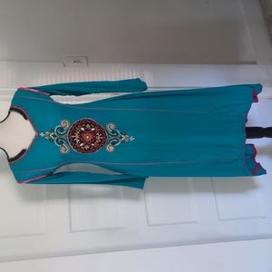 Green Embroidered Kurti Tunic Maxi Dress, S